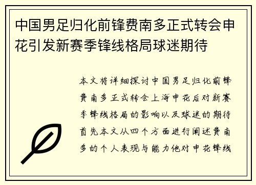 中国男足归化前锋费南多正式转会申花引发新赛季锋线格局球迷期待